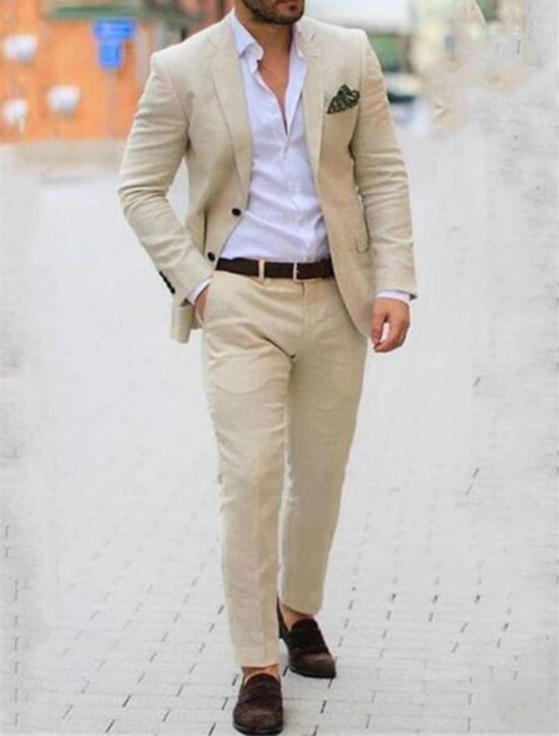 Beige Men's Wedding Beach Summer Linen Suits Solid Colored 2 Piece 